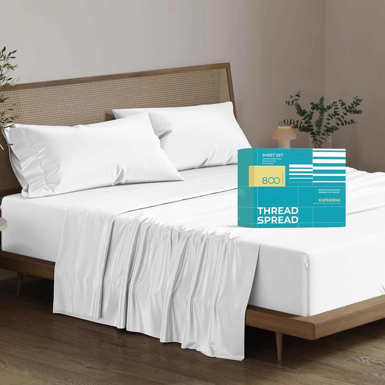 THREAD SPREAD 100% Egyptian Cotton Sheets Queen Size Bed Set - 4 PC 800 High Thread Count Egyptian Cotton Queen Sheet Set (White) Soft, Cooling, 16" Deep Pocket Sateen Weave Luxury Hotel Bedsheet