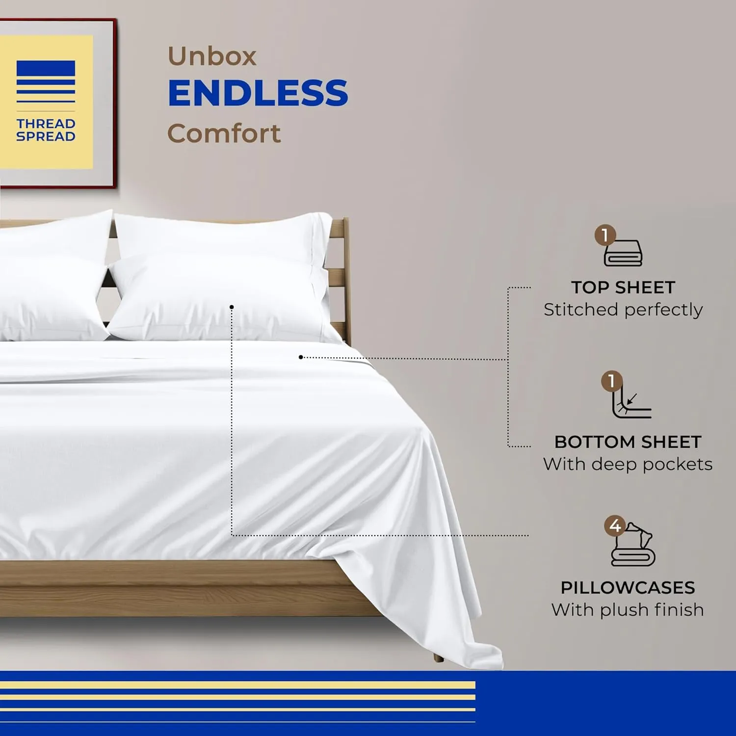 THREAD SPREAD 100% Egyptian Cotton Sheets Queen Size Bed Set - 4 PC 800 High Thread Count Egyptian Cotton Queen Sheet Set (White) Soft, Cooling, 16" Deep Pocket Sateen Weave Luxury Hotel Bedsheet