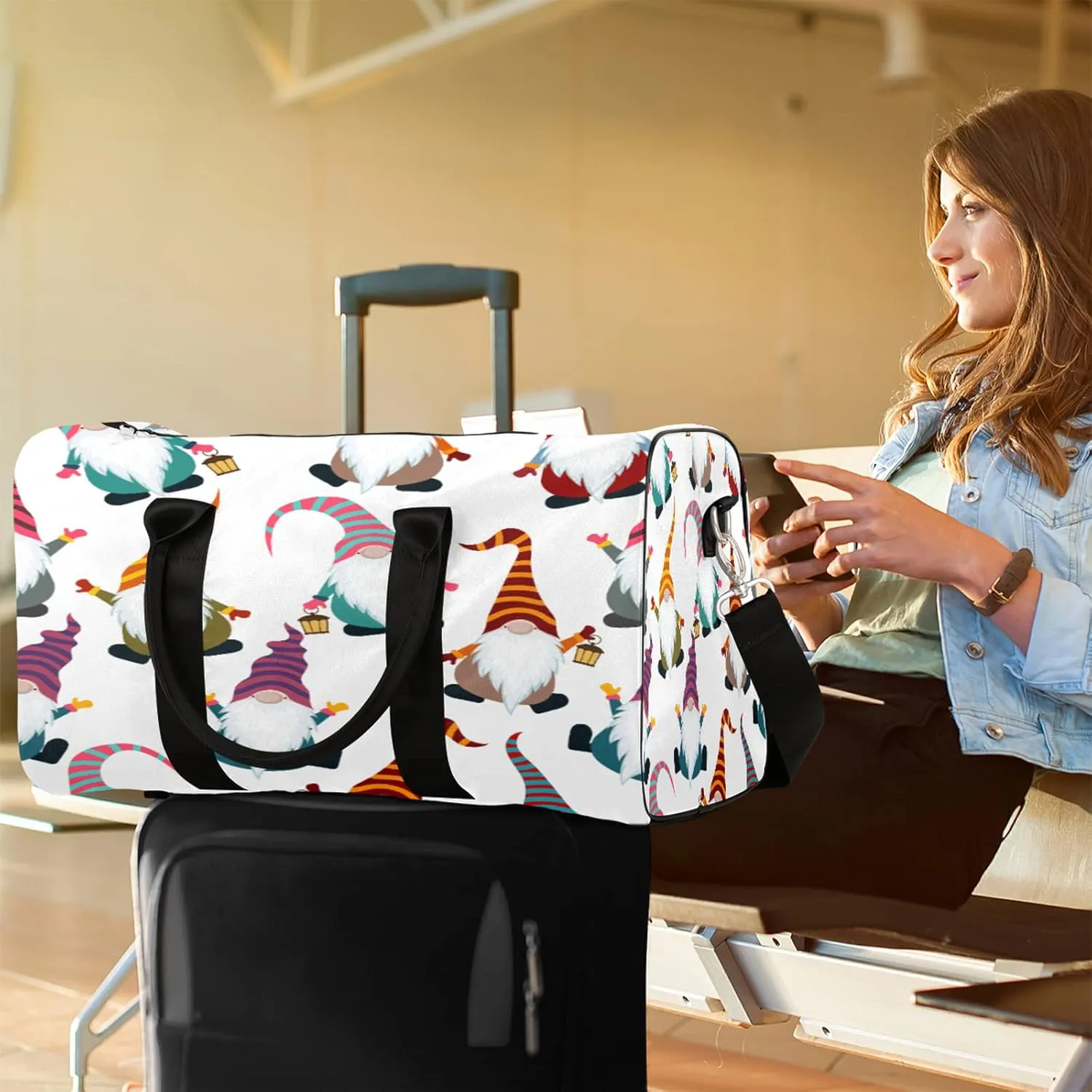 Travel Duffel Bag for Women Men Colorful Christmas Xmas Gnomes Sport Gym Tote Bag Lightweight Waterproof Foldable Weekender Overnight for Hospital Training Swim Yoga Handbag