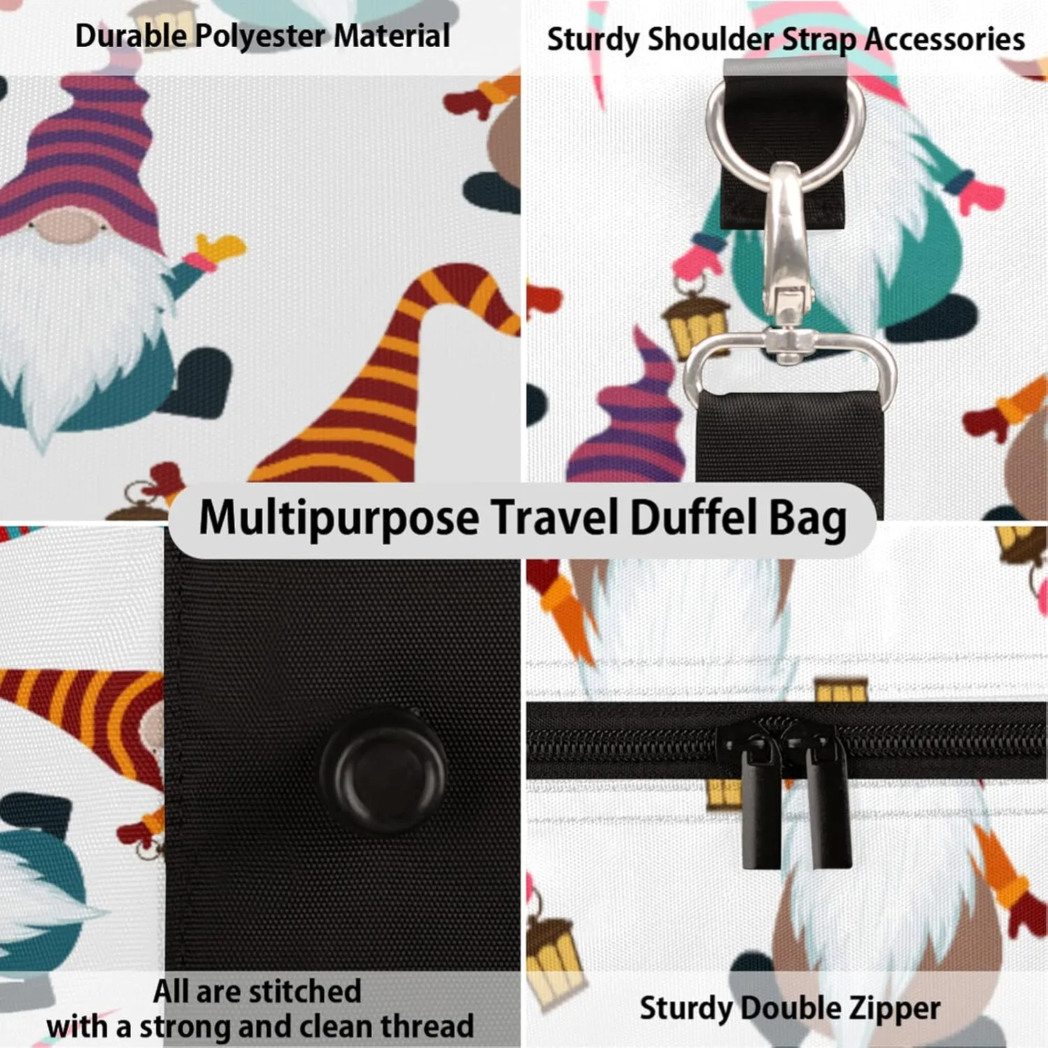 Travel Duffel Bag for Women Men Colorful Christmas Xmas Gnomes Sport Gym Tote Bag Lightweight Waterproof Foldable Weekender Overnight for Hospital Training Swim Yoga Handbag