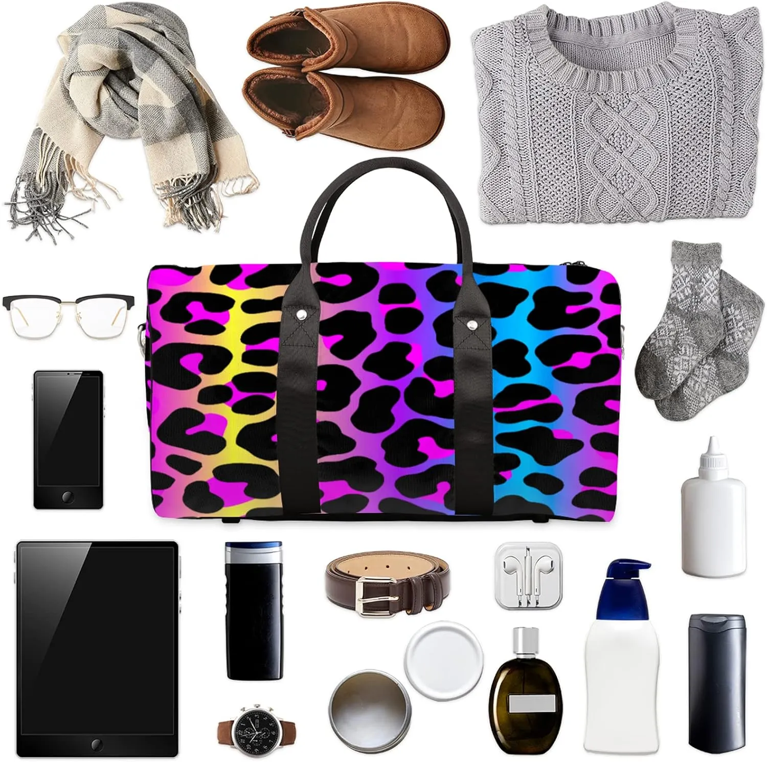Travel Duffel Bag for Women Men Rainbow Cheetah Leopard Print Sport Gym Tote Bag Lightweight Waterproof Foldable Weekender Overnight for Hospital Training Swim Yoga Handbag