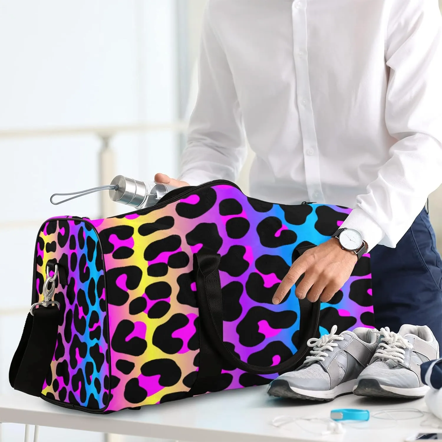 Travel Duffel Bag for Women Men Rainbow Cheetah Leopard Print Sport Gym Tote Bag Lightweight Waterproof Foldable Weekender Overnight for Hospital Training Swim Yoga Handbag