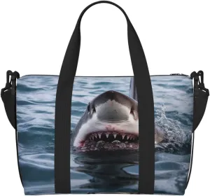 Travel Duffel Bags Personal Item Bag Carry On Luggage Bag Training Handbag Lightweight Waterproof Sports Gym Bag Shark in The Lake Weekender Bag for Women Men, Black, One Size, Travel Duffle