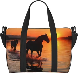 Travel Duffel Bags Personal Item Bag Carry On Luggage Bag Training Handbag Lightweight Waterproof Sports Gym Bag Sunsets Lake Horses Weekender Bag for Women Men, Black, One Size, Travel Duffle