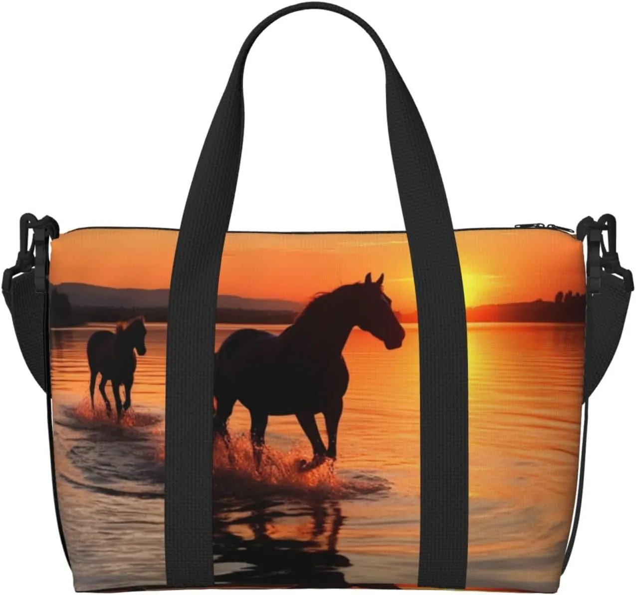 Travel Duffel Bags Personal Item Bag Carry On Luggage Bag Training Handbag Lightweight Waterproof Sports Gym Bag Sunsets Lake Horses Weekender Bag for Women Men, Black, One Size, Travel Duffle