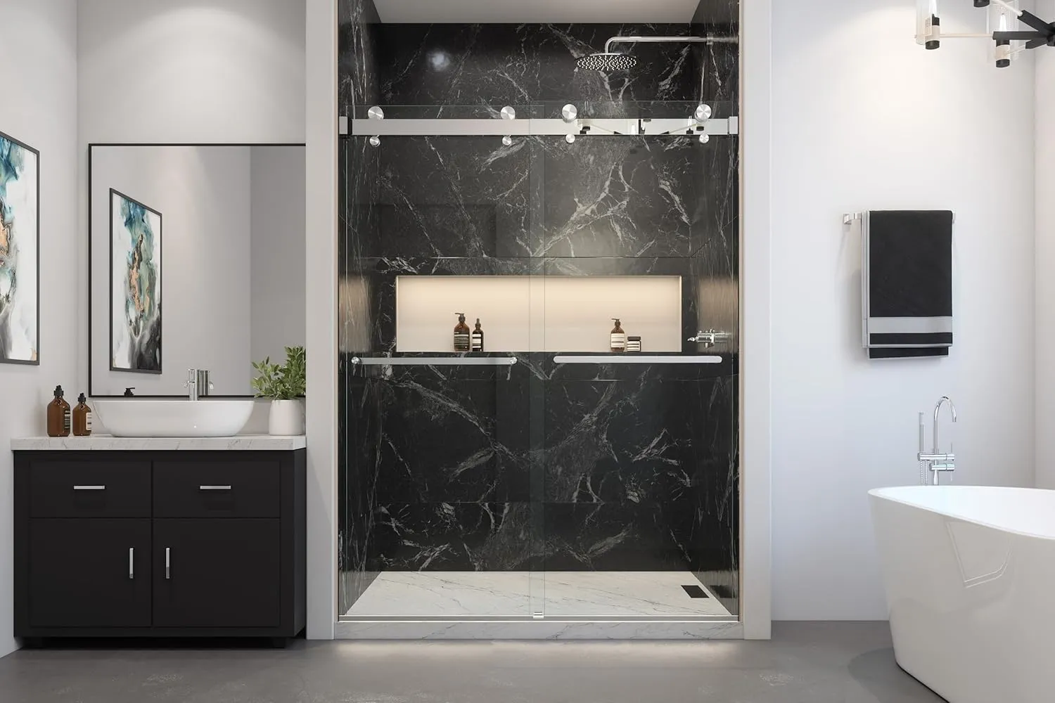 Twinglide VITRA-200 Frameless Shower Door 56.5-60" Width x 78" Height with 3/8" (10mm) Clear Tempered Glass (Chrome Double Towel Bars)
