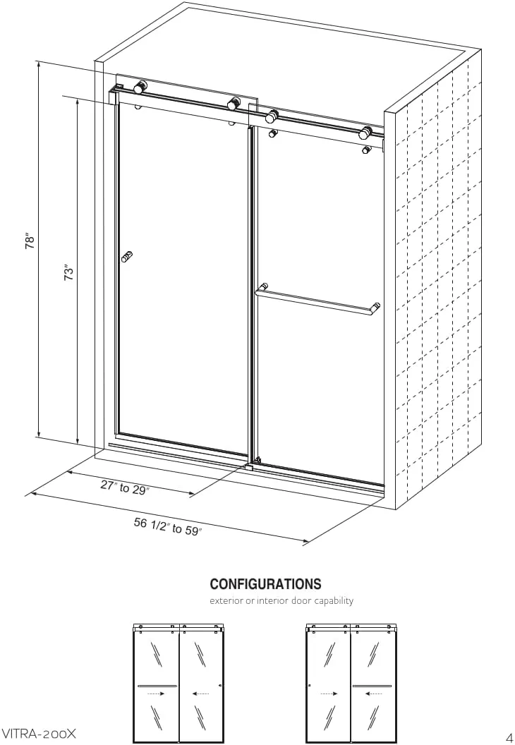 Twinglide VITRA-200 Frameless Shower Door 56.5-60" Width x 78" Height with 3/8" (10mm) Clear Tempered Glass (Chrome Double Towel Bars)