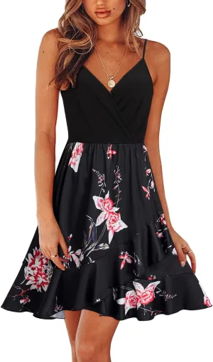 ULTRANICE Womens Summer Dresses Floral V Neck Ruffled Hem Spaghetti Spring Casual Beach Outfits Flowy Wrap Sun Dress