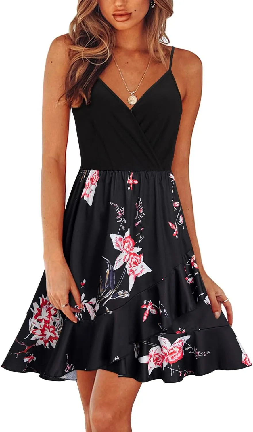 ULTRANICE Womens Summer Dresses Floral V Neck Ruffled Hem Spaghetti Spring Casual Beach Outfits Flowy Wrap Sun Dress