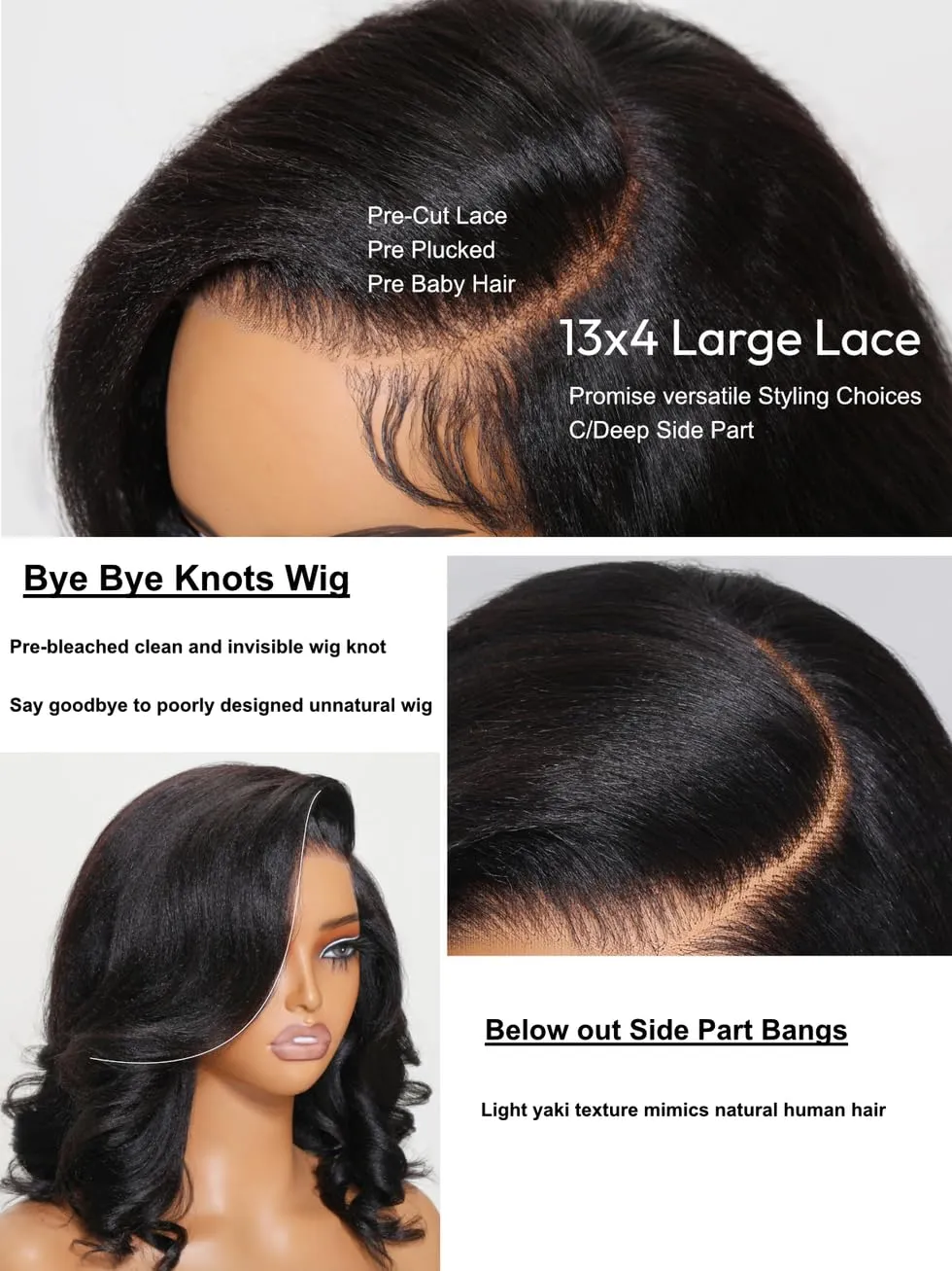 UNICE Light Yaki Loose Wave Bob Wig human Hair Bye Bye knots 13x4 HD Lace Glueless Wigs Human Hair Pre Plucked Pre Cut Lace Ready to Wear Black Color 10 inch
