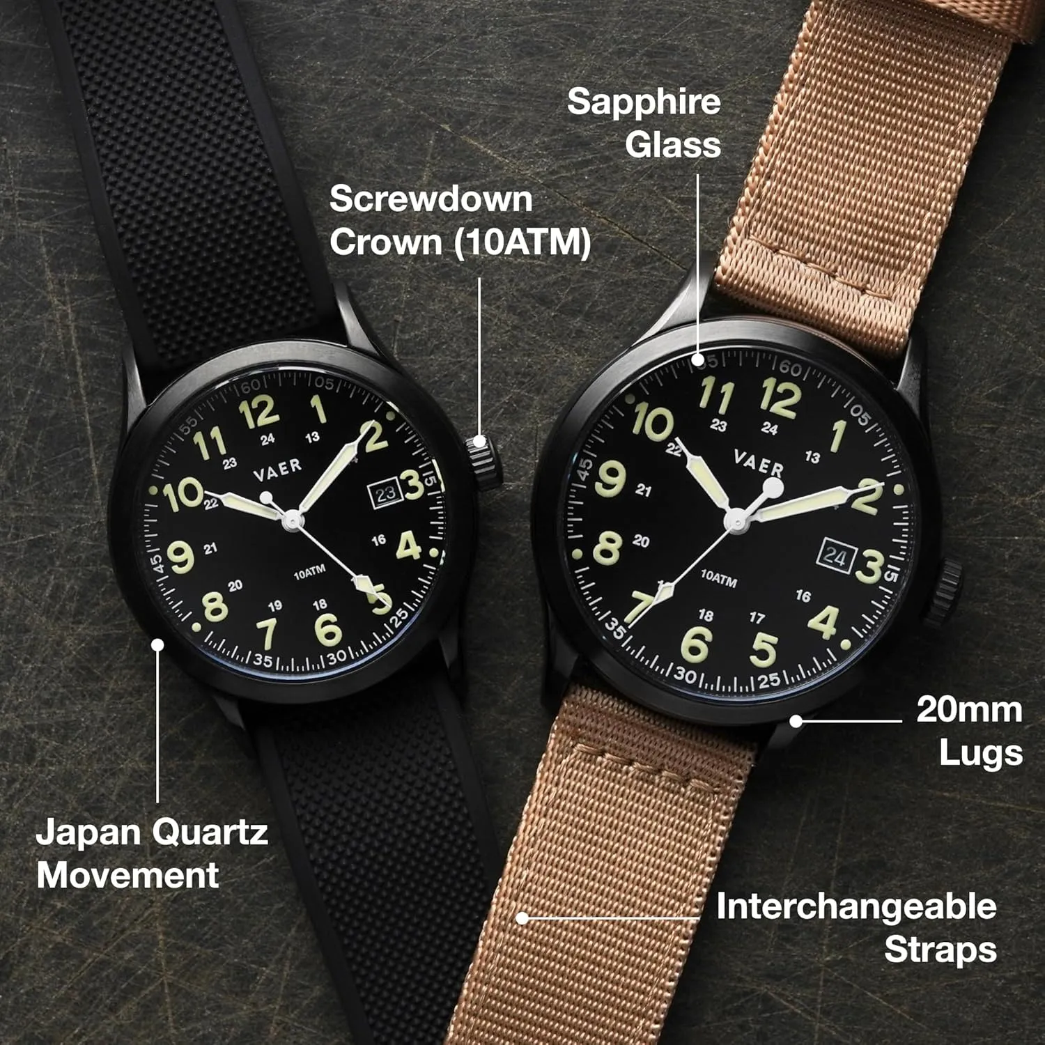Vaer Men’s Field Watch, Quartz Movement for Accurate Timing, Scratch Resistant Sapphire Crystal, Locking Screw-Down Crown, Iconic Replica of The A-11 Military Watch for Men of WW2 - Gifts for Dad