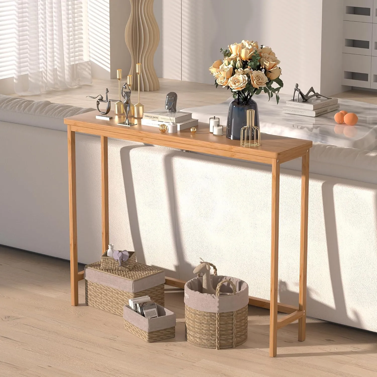 VASMIA Console Table, Entryway Table, Narrow Sofa Table, 39" Bamboo Hallway Table for Entryway, Living Room, Bedroom, Foyer, Natural