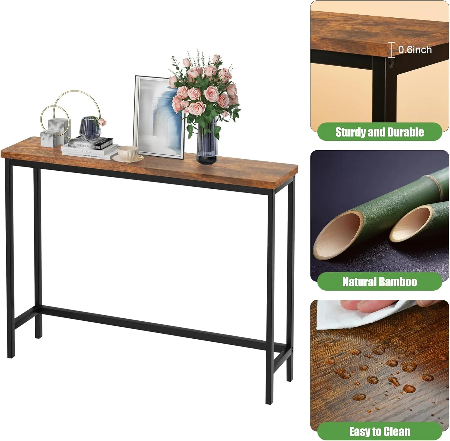 VASMIA Console Table, Entryway Table, Narrow Sofa Table, 39" Hallway Table for Entryway, Living Room, Bedroom, Foyer, Rustic Brown and Black
