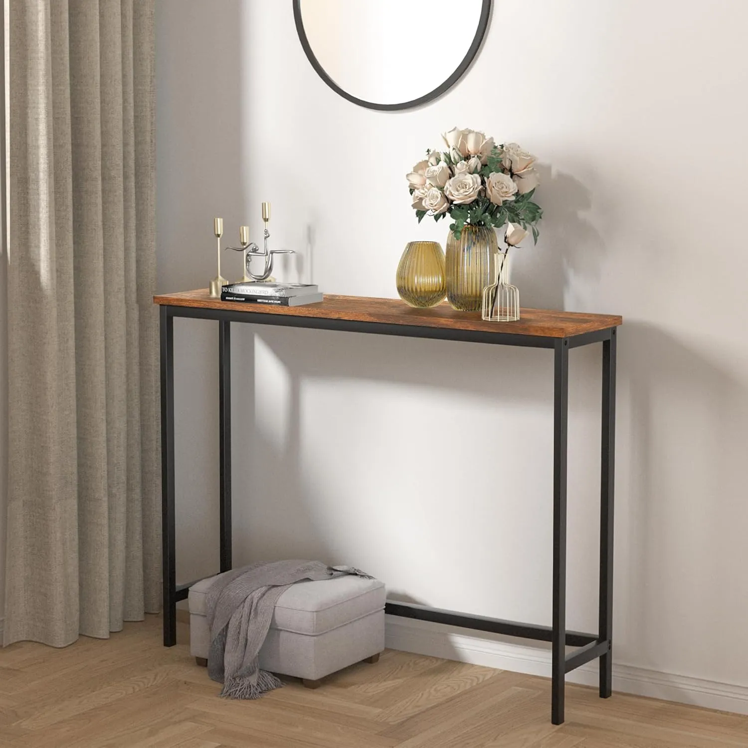 VASMIA Console Table, Entryway Table, Narrow Sofa Table, 39" Hallway Table for Entryway, Living Room, Bedroom, Foyer, Rustic Brown and Black