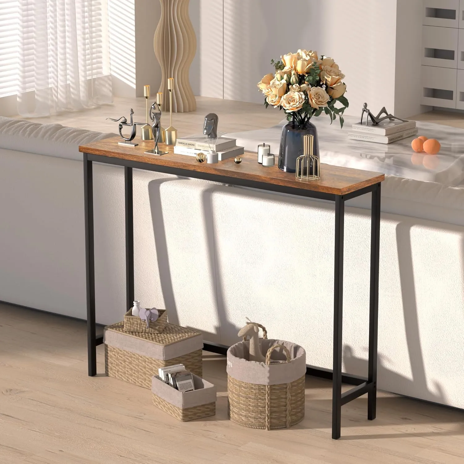 VASMIA Console Table, Entryway Table, Narrow Sofa Table, 39" Hallway Table for Entryway, Living Room, Bedroom, Foyer, Rustic Brown and Black