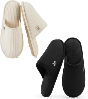 VeraCosy Couple’s Set of 2 Pairs - Women's Terry Cloth Scuff Slippers (Siize9-10, White) - Men's Knit Scuff Slippers (Size11-12, Black)