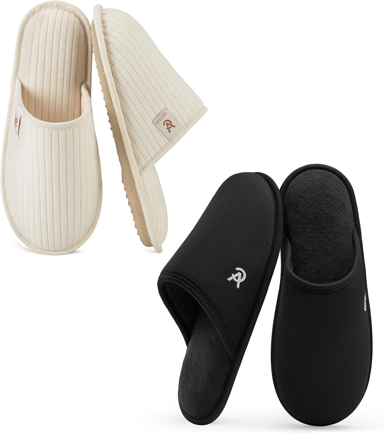 VeraCosy Couple’s Set of 2 Pairs - Women's Terry Cloth Scuff Slippers (Siize9-10, White) - Men's Knit Scuff Slippers (Size11-12, Black)