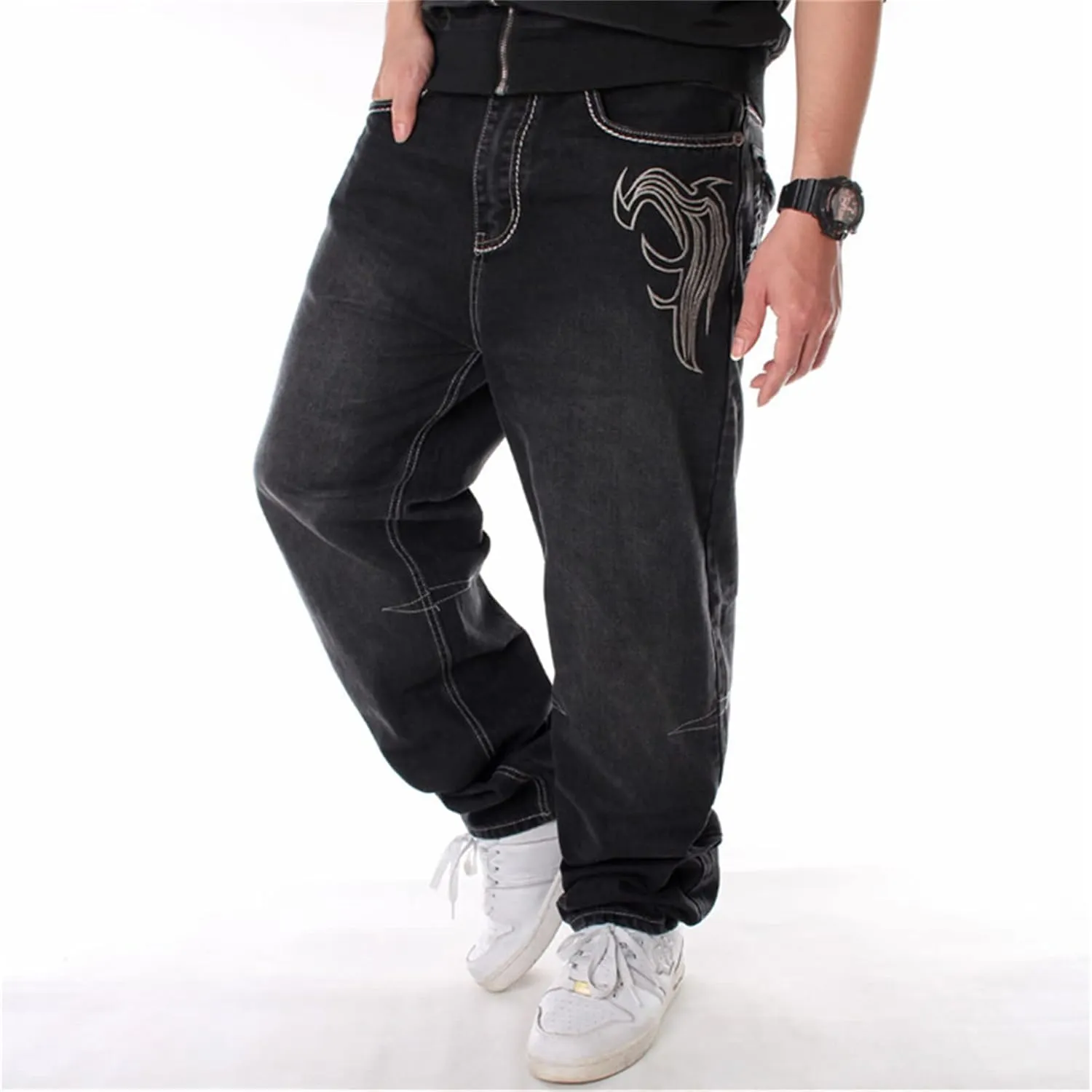 Veroders Men's Baggy Hip Hop Black Jeans- Loose Skateboard Pants Straight Baggy Skater Blue Jeans for Men