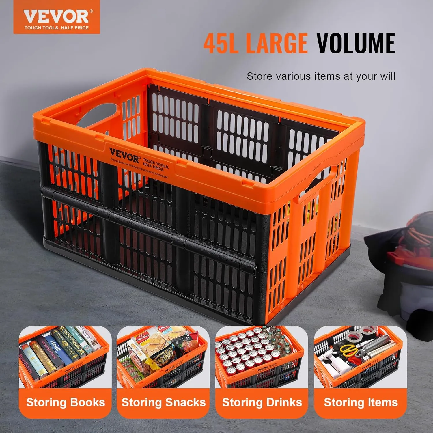VEVOR 45L Collapsible Milk Crates 3 Packs, Stackable Storage Baskets with Handles, Folding Storage Containers for Organizing Tools, Books, Food, Drinks, Camping & Transport