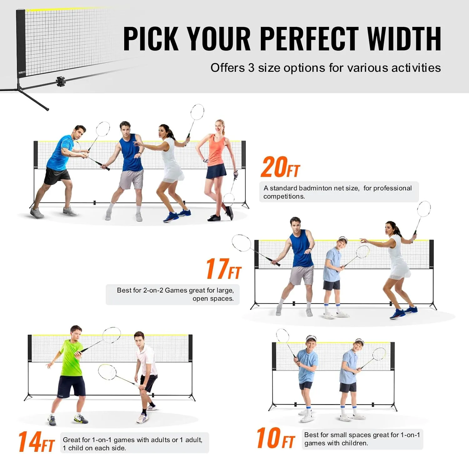 VEVOR Badminton Net, Height Adjustable Volleyball Net, Wide Foldable Pickleball Net, Portable Easy Setup Tennis Net Set with Poles, Stand and Carry Bag, for Kids Backyard Game Indoor Outdoor Use