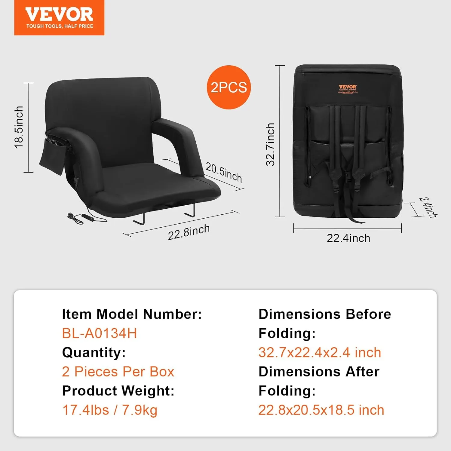 VEVOR Stadium Seat with Back Support, Wide Bleacher Seat Back, Folding Portable Padded Reclining Chair with Hook Pocket Cupholder, Ideal for Sport Event Beach Camping Concert