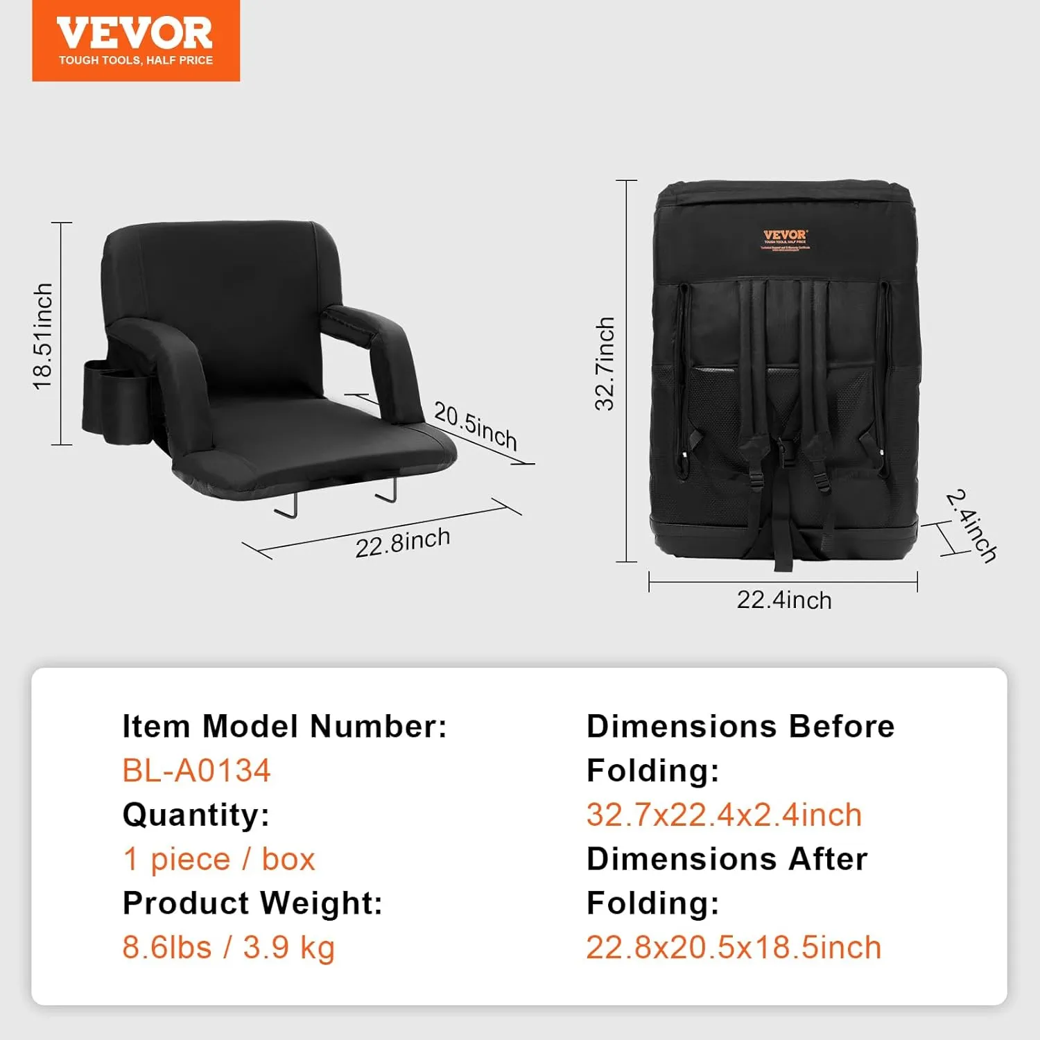 VEVOR Stadium Seat with Back Support, Wide Bleacher Seat Back, Folding Portable Padded Reclining Chair with Hook Pocket Cupholder, Ideal for Sport Event Beach Camping Concert