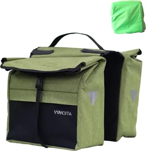 Vincita New Top Load Double Pannier Water Resistant Cycling Side Bags - with Rain Cover, Large, Carrying Handle, Reflective Spots - Bike Rack Carrier Saddle Bag - Bicycle Accessories (Black/Green)