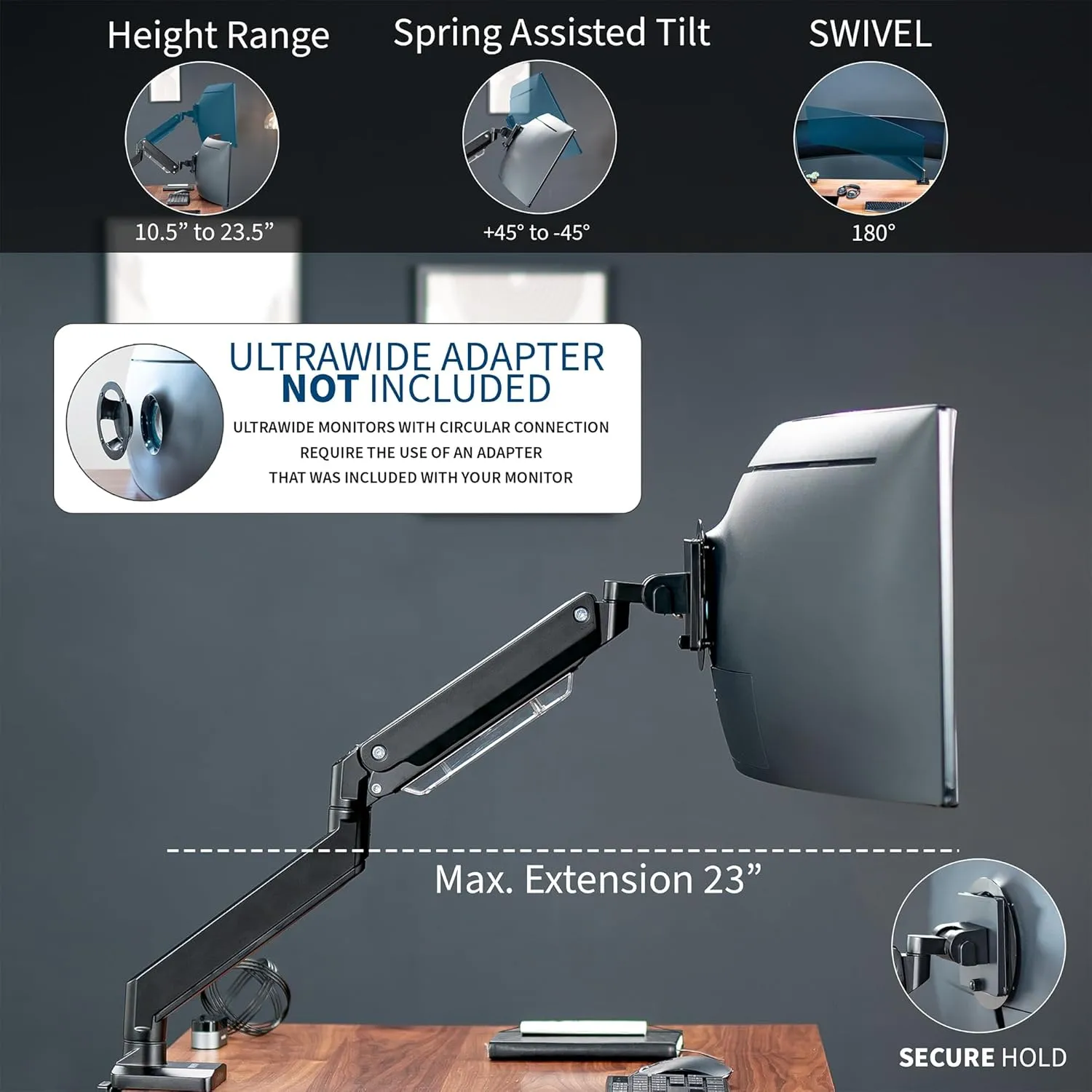 VIVO Premium Aluminum Heavy Duty Monitor Arm for Ultrawide Screens up to 49 inches and 33 lbs, Single Desk Mount, Pneumatic Height, Max VESA 100x100, Black, STAND-V101G1