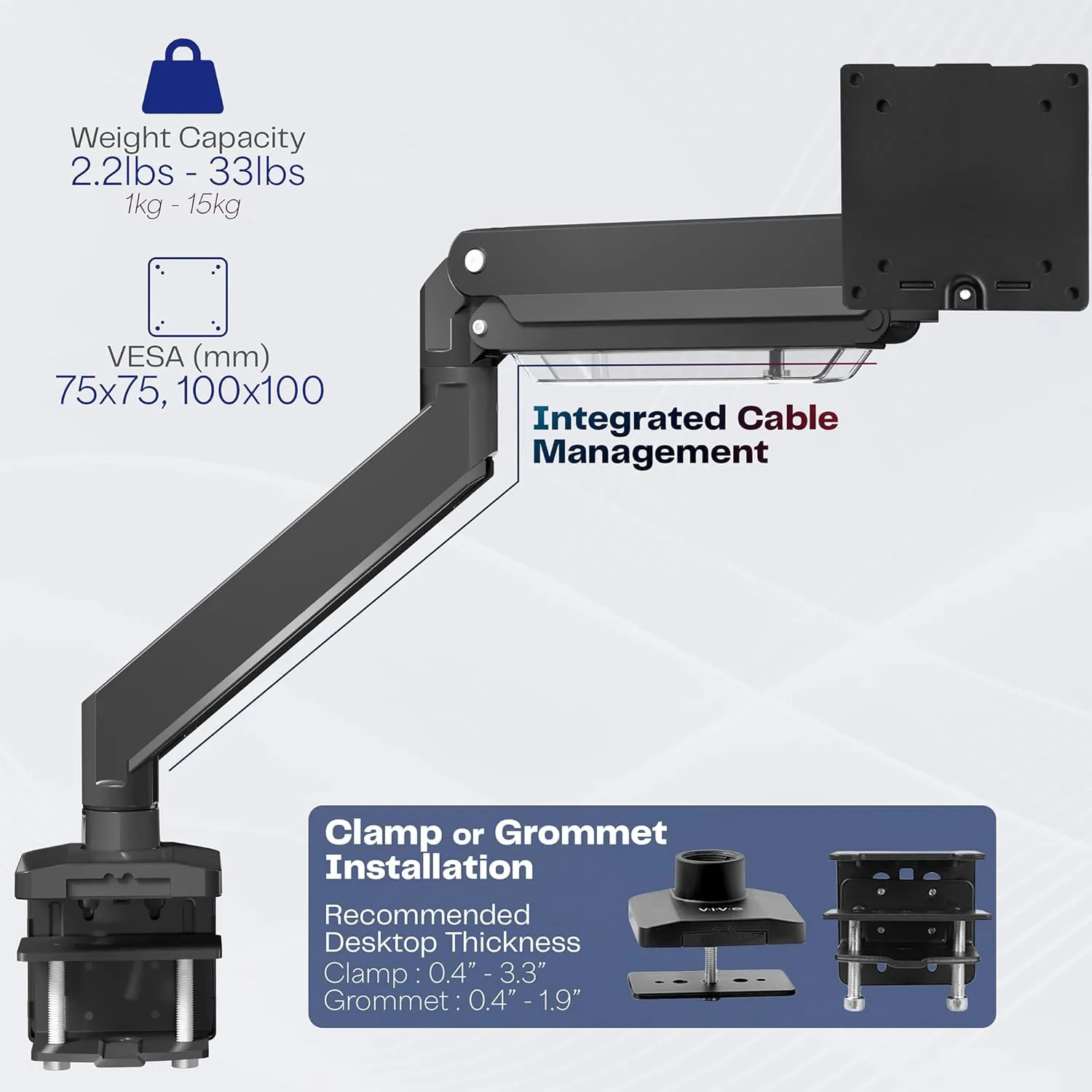 VIVO Premium Aluminum Heavy Duty Monitor Arm for Ultrawide Screens up to 49 inches and 33 lbs, Single Desk Mount, Pneumatic Height, Max VESA 100x100, Black, STAND-V101G1