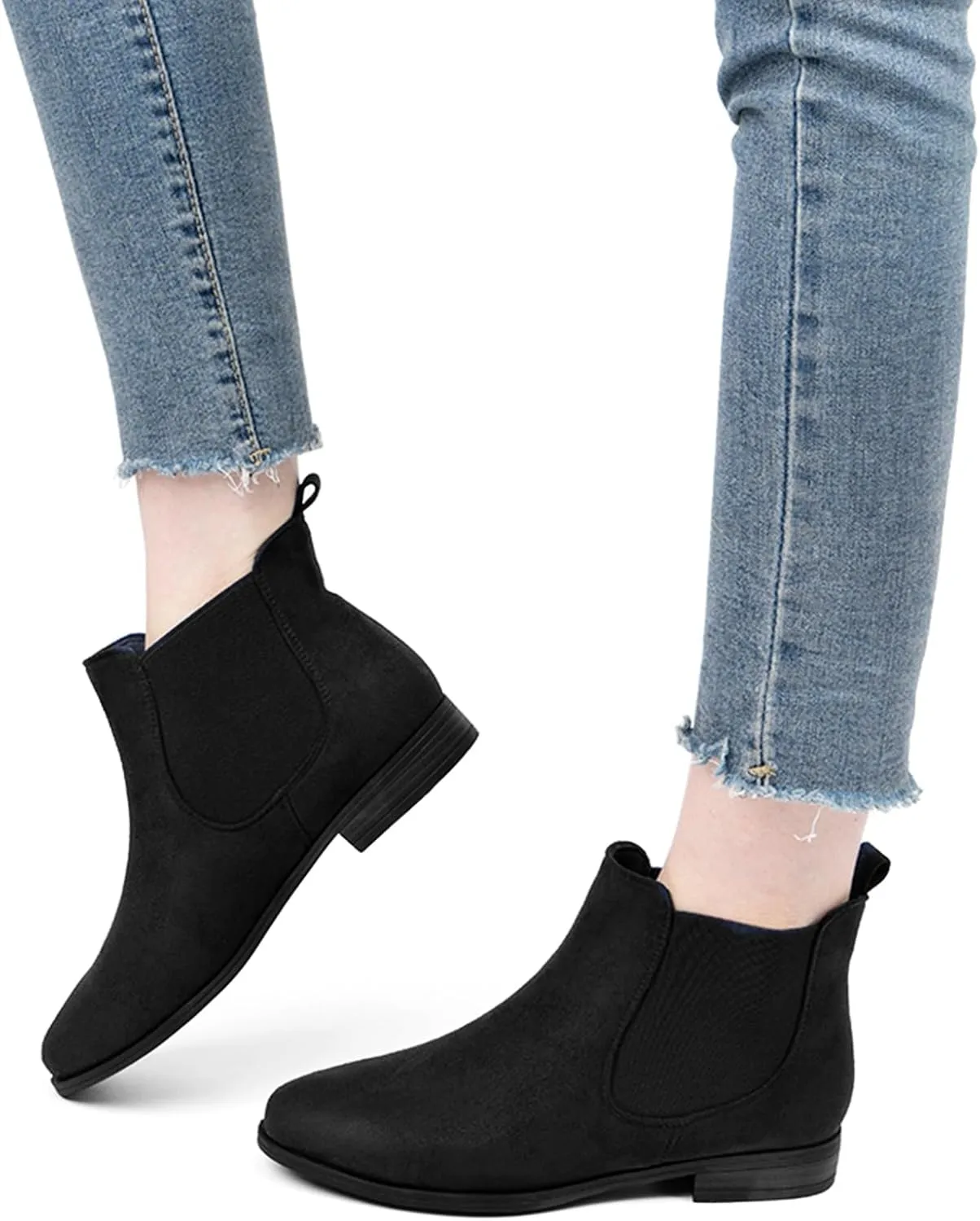 VJH confort Women's Slip on Ankle Boot, Western Almond Round Toe Low Heel Elastic Chelsea Bootie