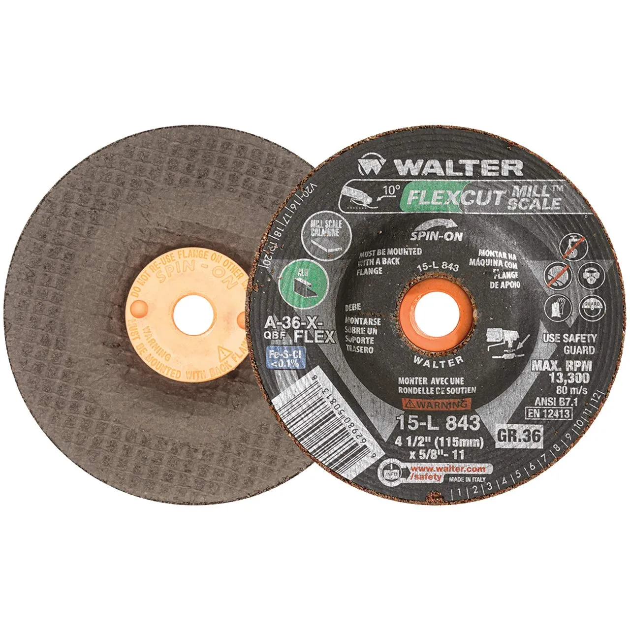 Walter 15L843 4-1/2x5/8-11 Flexcut Mill Scale Spin-On Grinding Wheels Contaminant Free Type 29S Grit 36, 25 pack