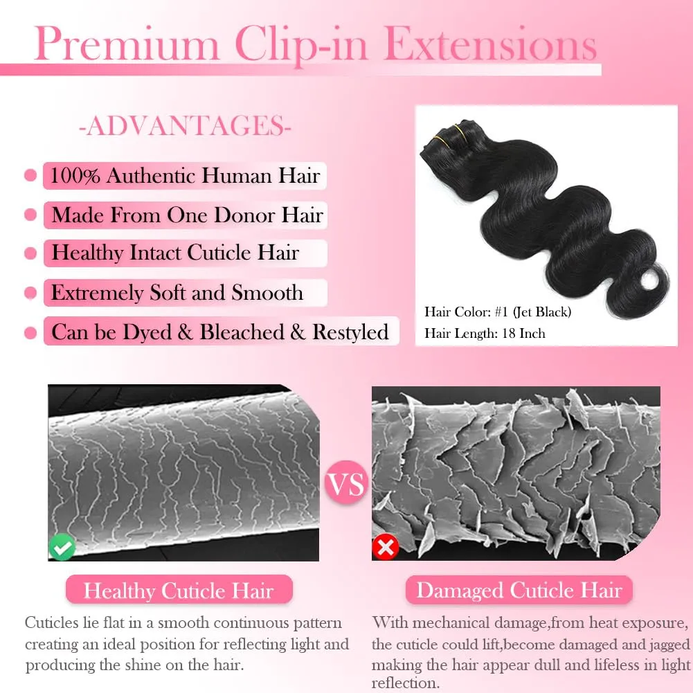 Wavy Clip in Hair Extensions Real Human Hair 8 Pcs 110g with 18 Clips Jet Black Human Hair Clip in Extensions Double Wefts Grade 12A Body Wave Remy Human Hair Extensions for Women (#1,14 Inch)
