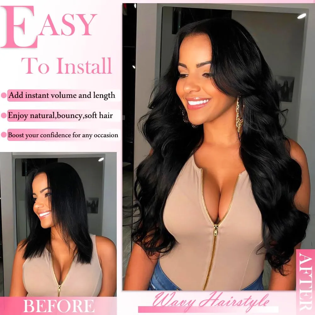 Wavy Clip in Hair Extensions Real Human Hair 8 Pcs 110g with 18 Clips Jet Black Human Hair Clip in Extensions Double Wefts Grade 12A Body Wave Remy Human Hair Extensions for Women (#1,14 Inch)