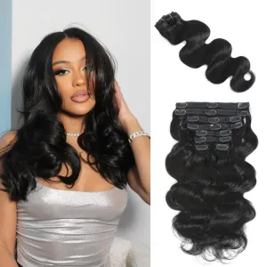 Wavy Clip in Hair Extensions Real Human Hair 8 Pcs 110g with 18 Clips Jet Black Human Hair Clip in Extensions Double Wefts Grade 12A Body Wave Remy Human Hair Extensions for Women (#1,14 Inch)