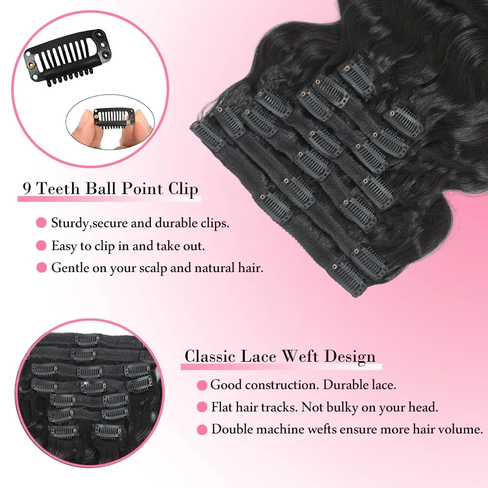 Wavy Clip in Hair Extensions Real Human Hair 8 Pcs 110g with 18 Clips Jet Black Human Hair Clip in Extensions Double Wefts Grade 12A Body Wave Remy Human Hair Extensions for Women (#1,14 Inch)
