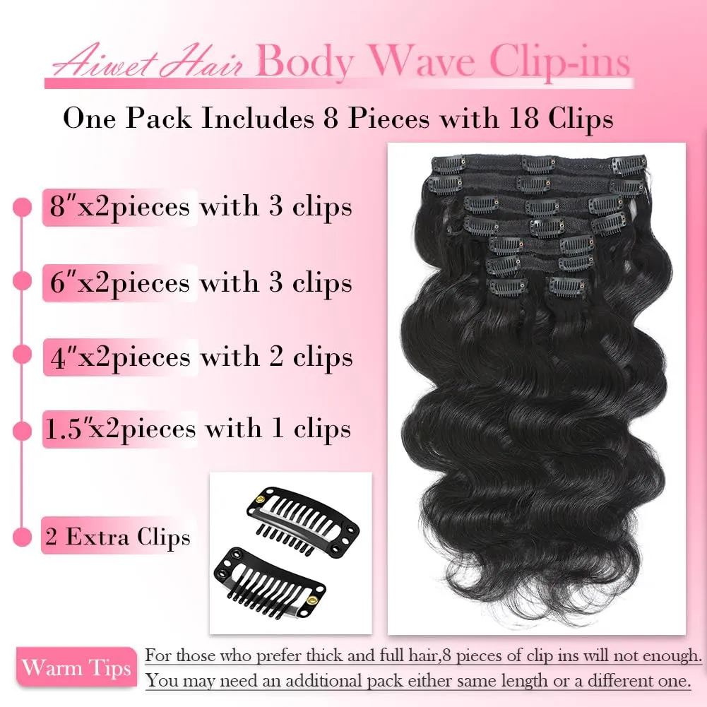 Wavy Clip in Hair Extensions Real Human Hair 8 Pcs 110g with 18 Clips Jet Black Human Hair Clip in Extensions Double Wefts Grade 12A Body Wave Remy Human Hair Extensions for Women (#1,14 Inch)