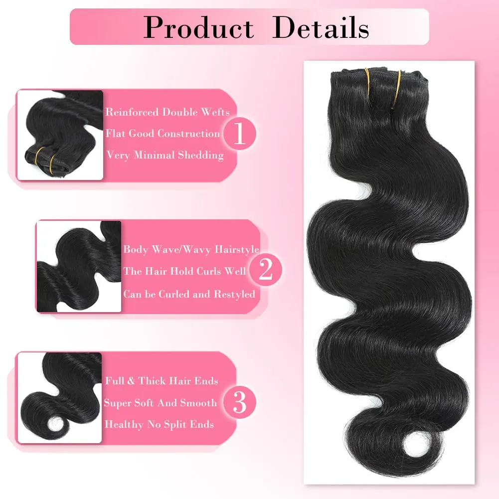 Wavy Clip in Hair Extensions Real Human Hair 8 Pcs 110g with 18 Clips Jet Black Human Hair Clip in Extensions Double Wefts Grade 12A Body Wave Remy Human Hair Extensions for Women (#1,14 Inch)