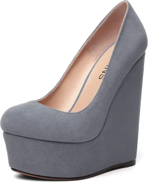 WAYDERNS Womens Platform Solid Suede Round Toe Party Slip On Fashion Wedge High Heel Pumps Shoes 6 Inch