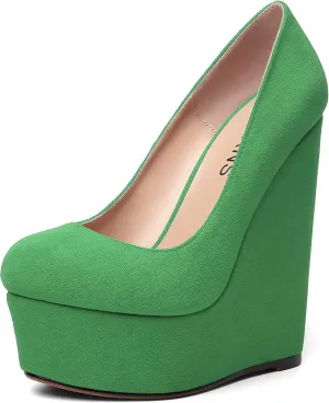 WAYDERNS Womens Platform Solid Suede Round Toe Party Slip On Fashion Wedge High Heel Pumps Shoes 6 Inch