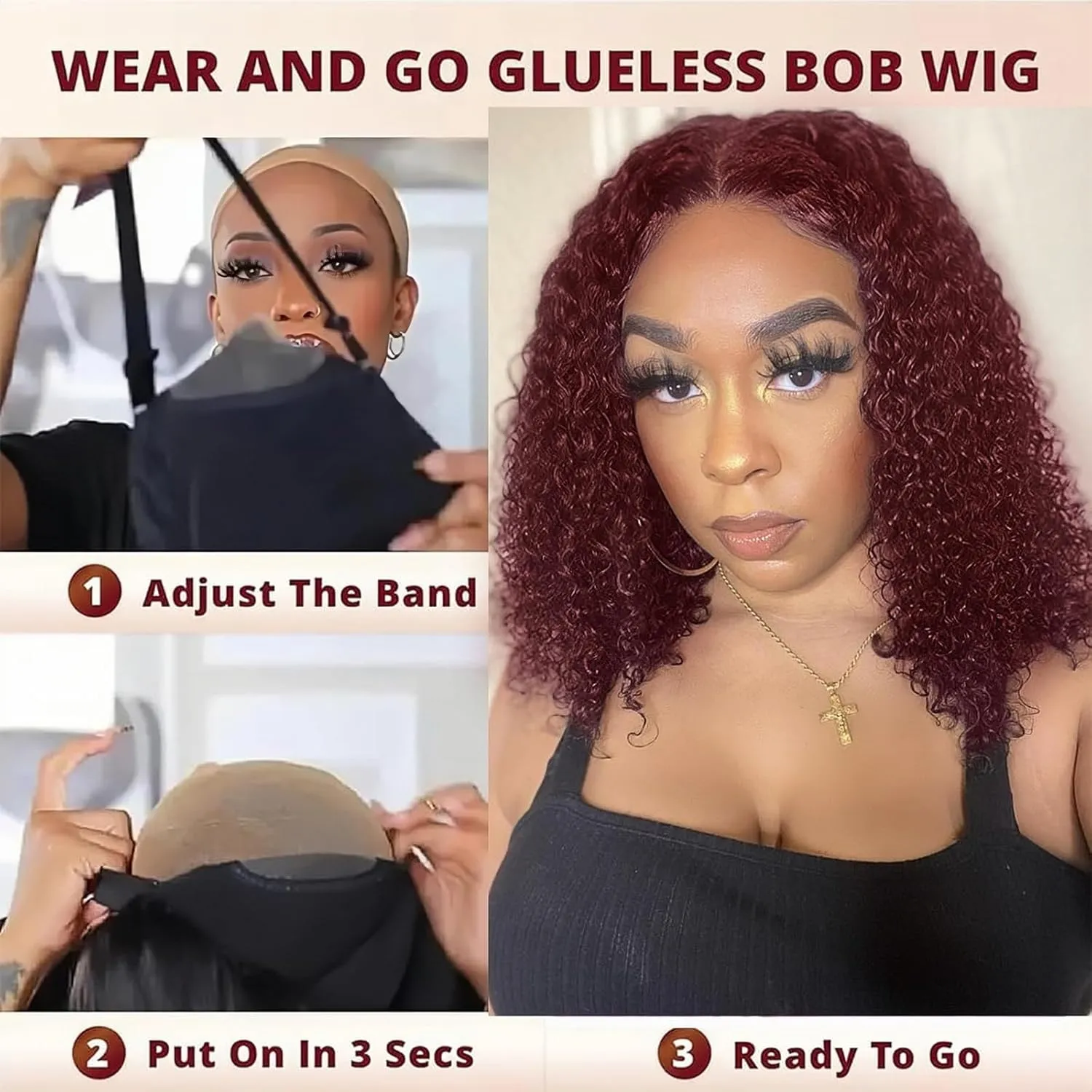 Wear and Go Glueless Wigs Human Hair Pre Plucked Pre Cut Deep Wave Curly Bob Wig Human Hair Glueless 99j Burgundy Short Curly Bob Wigs Upgraded No Glue 4x4 Lace Closure Wig for Black Women