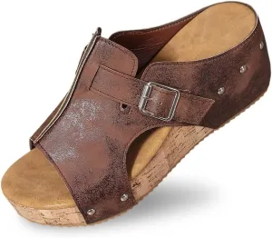 Wedge Sandals for Women Dressy Open Toe Orthopedic Non Slip Platform Sandals Comfortable Cork Footbed Walking Slippers for Summer Beach Oceanside Holiday Outdoor