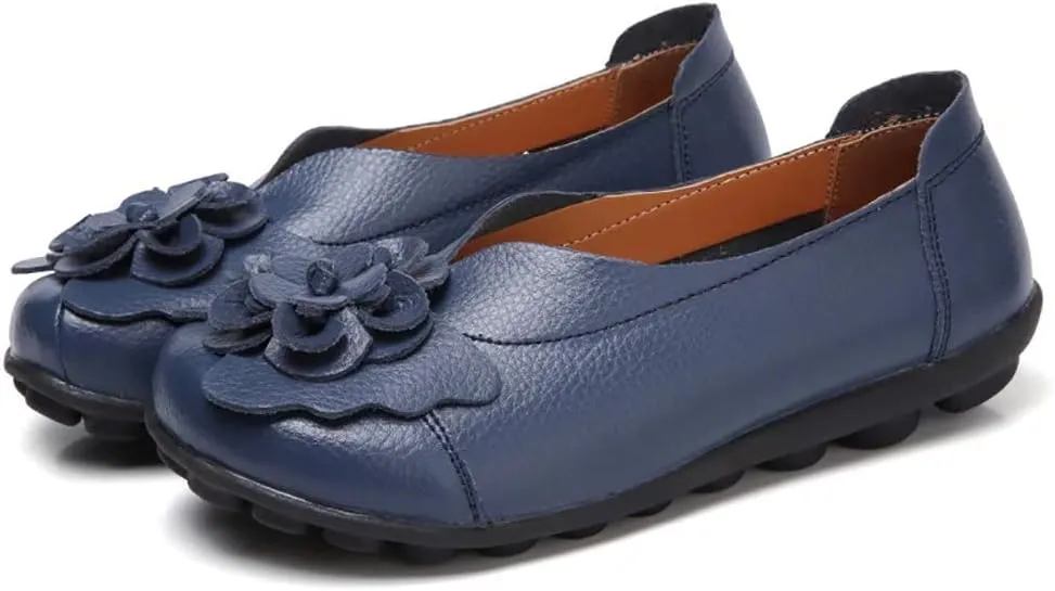 WERWAES Casual Leather Loafers Shoes for Womens Slim Lightweight Soft Sole Flat Moccasins Shoes with Flowers Cowhide Round Toe Slip on Womens Loafer Indoor Outdoor Walking Womens Shoes