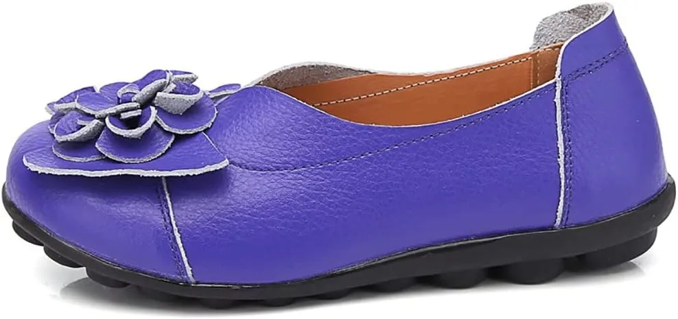 WERWAES Casual Leather Loafers Shoes for Womens Slim Lightweight Soft Sole Flat Moccasins Shoes with Flowers Cowhide Round Toe Slip on Womens Loafer Indoor Outdoor Walking Womens Shoes