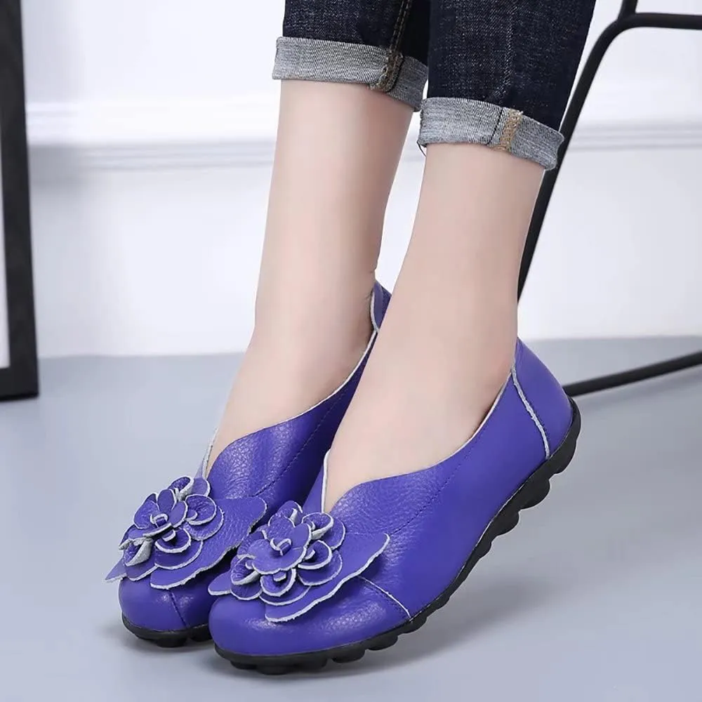 WERWAES Casual Leather Loafers Shoes for Womens Slim Lightweight Soft Sole Flat Moccasins Shoes with Flowers Cowhide Round Toe Slip on Womens Loafer Indoor Outdoor Walking Womens Shoes