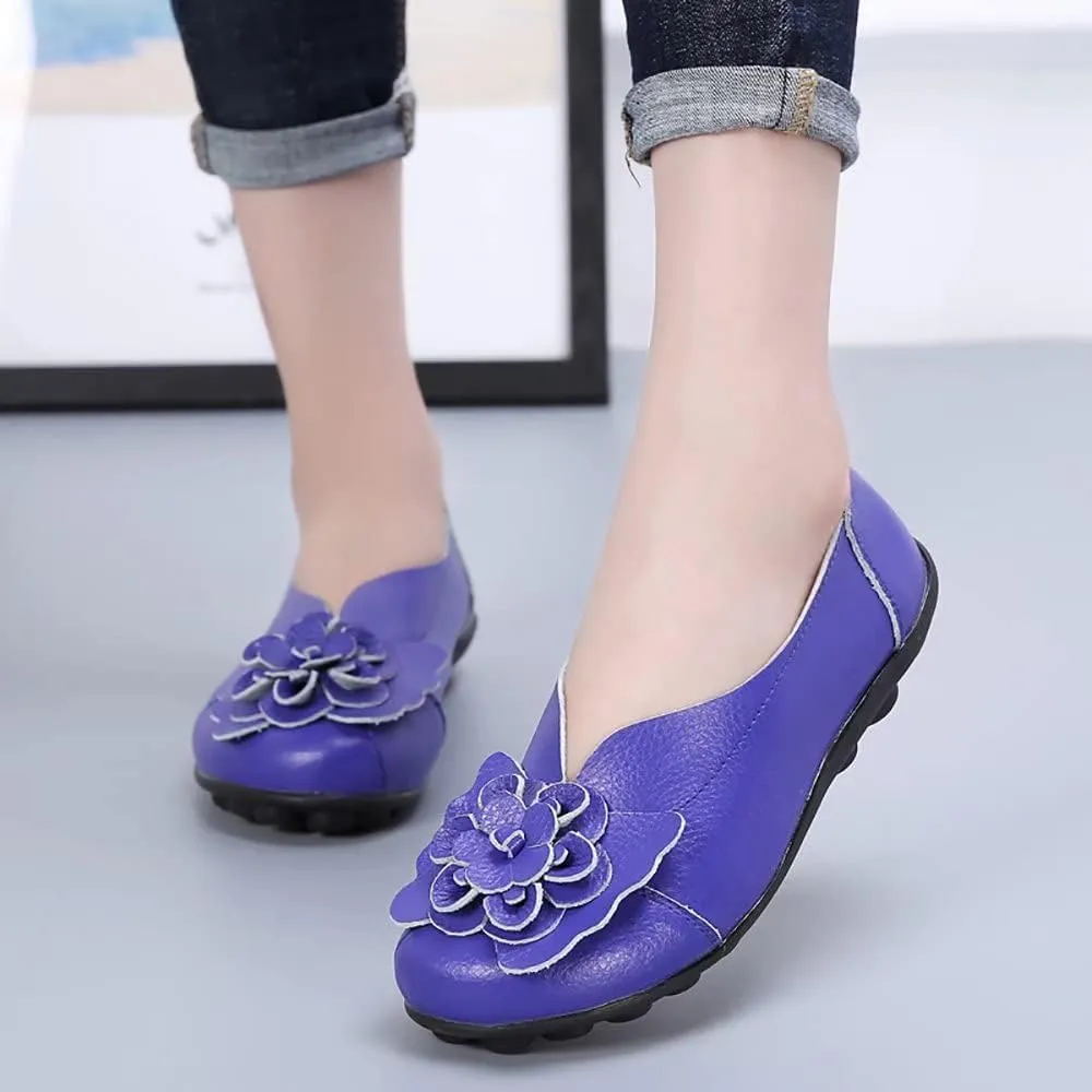 WERWAES Casual Leather Loafers Shoes for Womens Slim Lightweight Soft Sole Flat Moccasins Shoes with Flowers Cowhide Round Toe Slip on Womens Loafer Indoor Outdoor Walking Womens Shoes