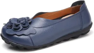 WERWAES Casual Leather Loafers Shoes for Womens Slim Lightweight Soft Sole Flat Moccasins Shoes with Flowers Cowhide Round Toe Slip on Womens Loafer Indoor Outdoor Walking Womens Shoes