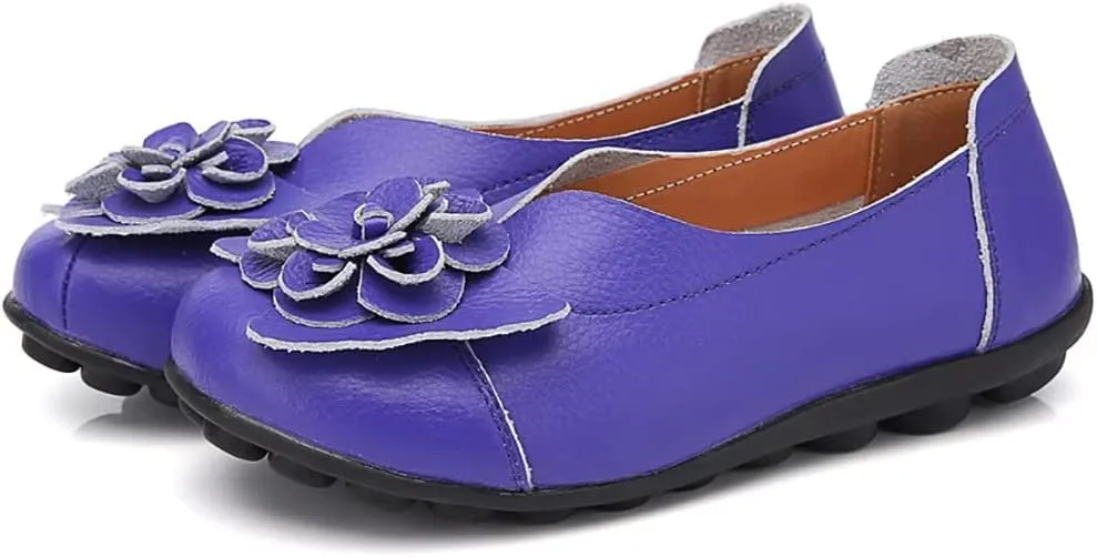 WERWAES Casual Leather Loafers Shoes for Womens Slim Lightweight Soft Sole Flat Moccasins Shoes with Flowers Cowhide Round Toe Slip on Womens Loafer Indoor Outdoor Walking Womens Shoes