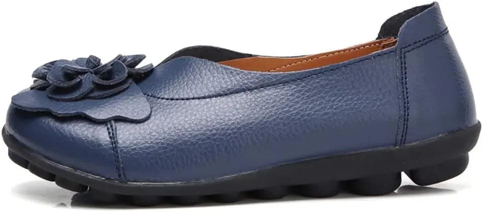 WERWAES Casual Leather Loafers Shoes for Womens Slim Lightweight Soft Sole Flat Moccasins Shoes with Flowers Cowhide Round Toe Slip on Womens Loafer Indoor Outdoor Walking Womens Shoes