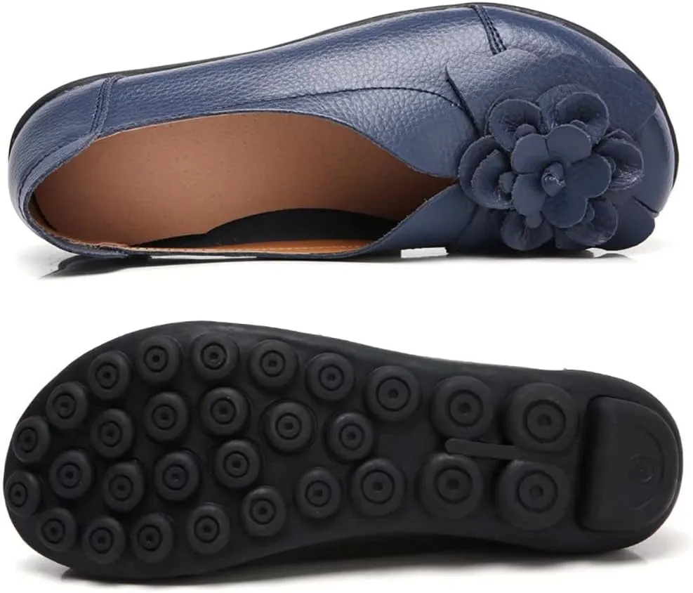 WERWAES Casual Leather Loafers Shoes for Womens Slim Lightweight Soft Sole Flat Moccasins Shoes with Flowers Cowhide Round Toe Slip on Womens Loafer Indoor Outdoor Walking Womens Shoes