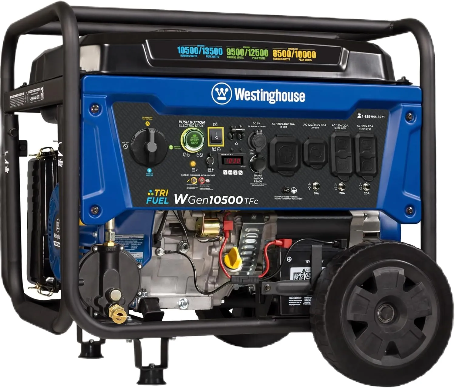 Westinghouse 13500 Peak Watt Tri-Fuel Home Backup Portable Generator, Remote Electric Start, Transfer Switch Ready, Gas, Propane, and Natural Gas Powered